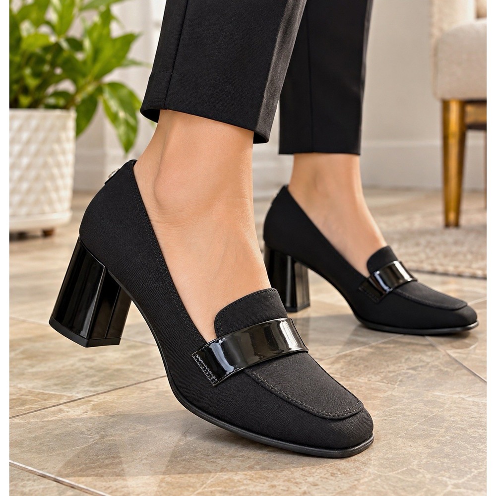 AK Anne Klein iFlex Black Loafer Pumps Block Heel Round Toe Slip On US 9 M